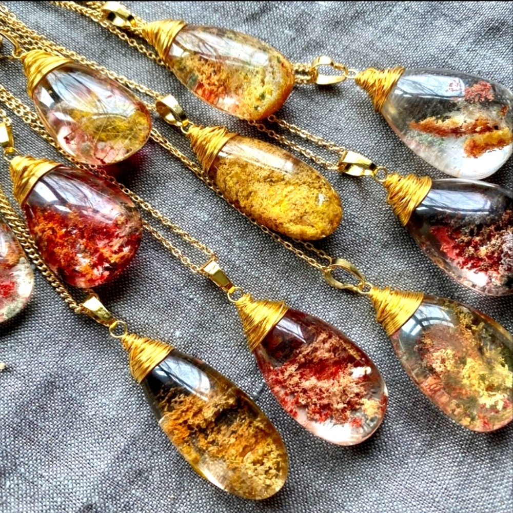 Phantom Quartz 22k Gold Moss Agate Crystal Necklac